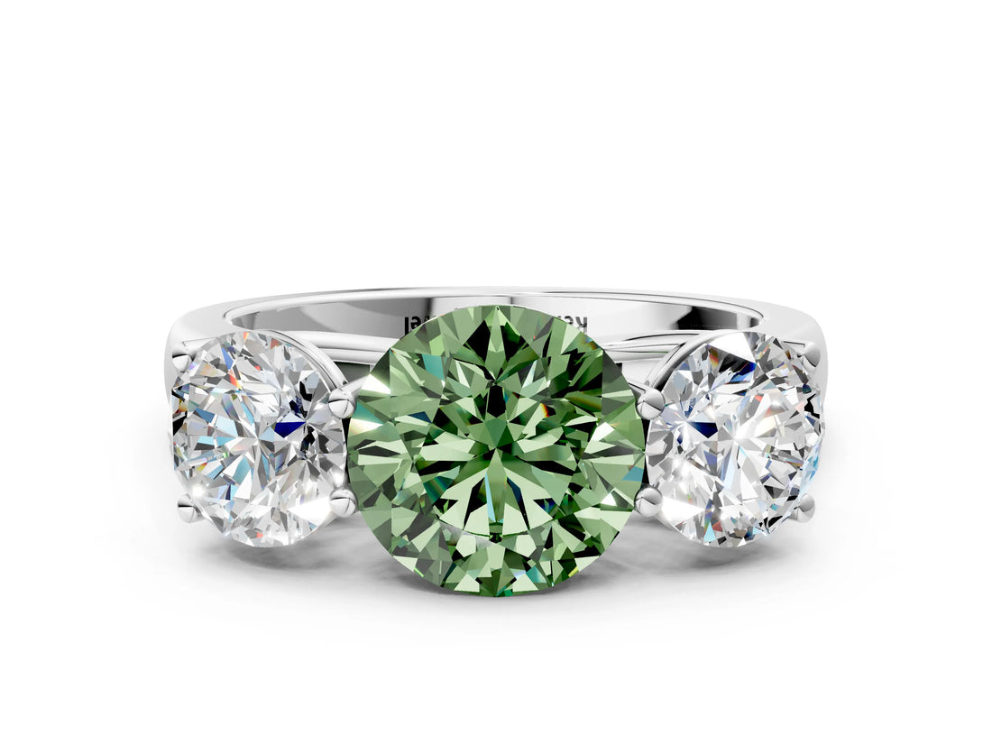White gold Fancy Green Round Cut Three-Stone Diamond Ring with Prong Setting on a Classic Band_12