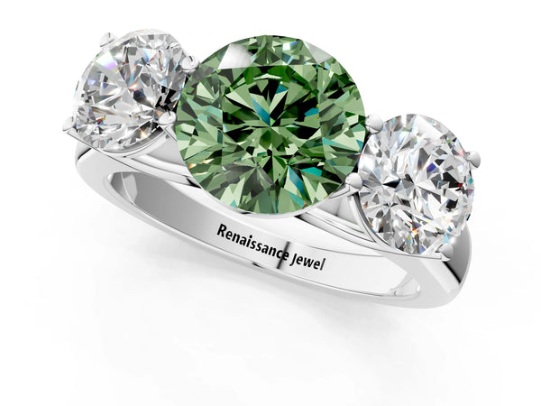 White gold Fancy Green Round Cut Three-Stone Diamond Ring with Prong Setting on a Classic Band
