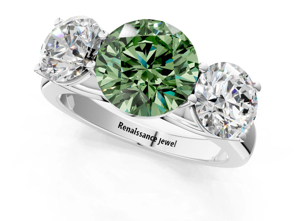 White gold Fancy Green Round Cut Three-Stone Diamond Ring with Prong Setting on a Classic Band