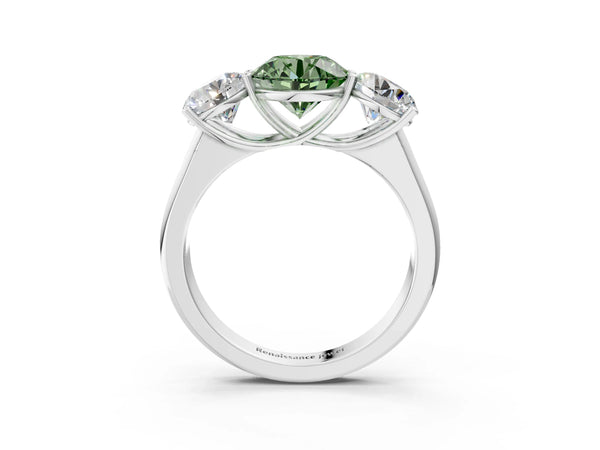 White gold Fancy Green Round Cut Three-Stone Diamond Ring with Prong Setting on a Classic Band