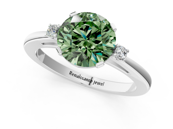 White gold Fancy Green Round  Cut Three-Stone Solitaire Ring with Round Accent Diamonds and Four-Prong Setting