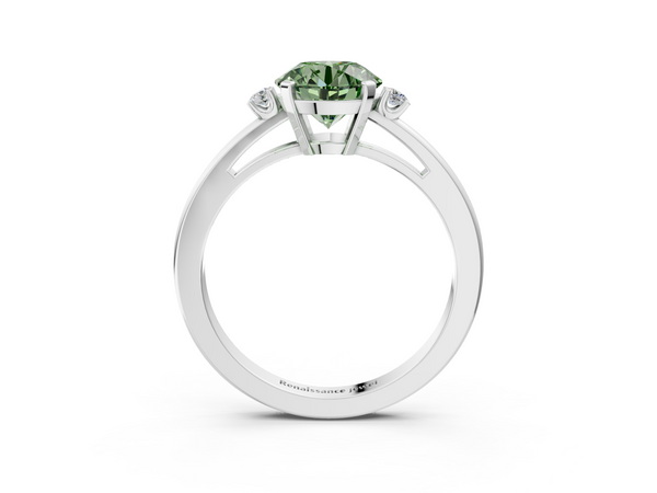 White gold Fancy Green Round  Cut Three-Stone Solitaire Ring with Round Accent Diamonds and Four-Prong Setting