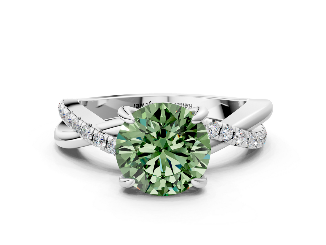 White gold Fancy Green Round  Cut Twist Band Solitaire Diamond Ring with Pavé Setting_3