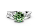 White gold Fancy Green Round  Cut Twist Band Solitaire Diamond Ring with Pavé Setting_3
