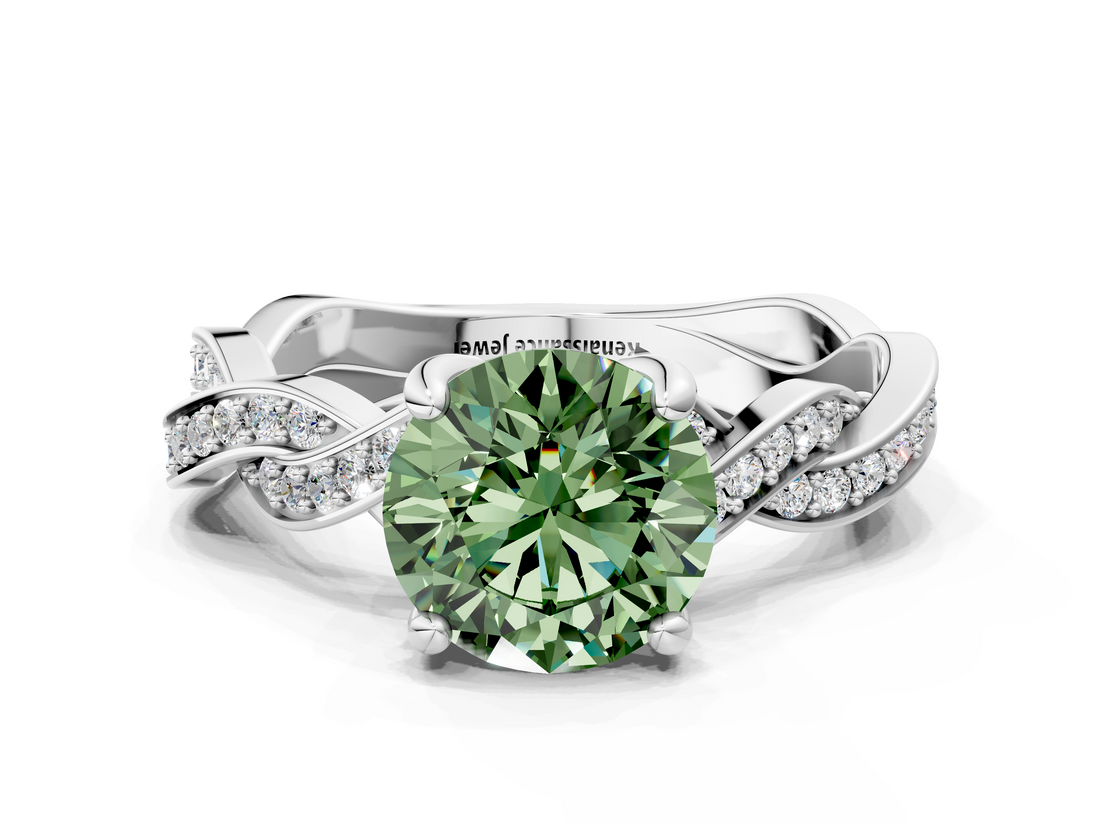 White gold Fancy Green Round  Cut Twisted Pavé Band Solitaire Ring with Four-Prong Setting_72