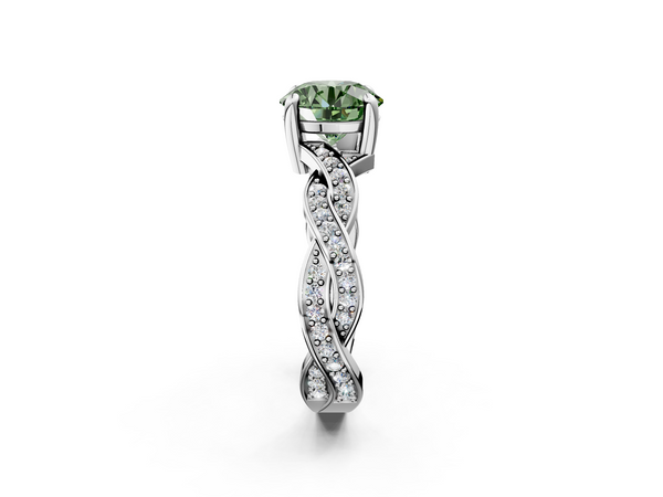 Platinum Fancy Green Round  Cut Twisted Pavé Band Solitaire Ring with Four-Prong Setting