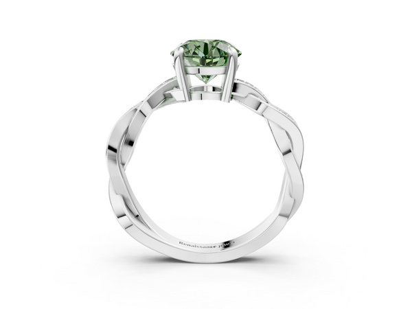 Platinum Fancy Green Round  Cut Twisted Pavé Band Solitaire Ring with Four-Prong Setting