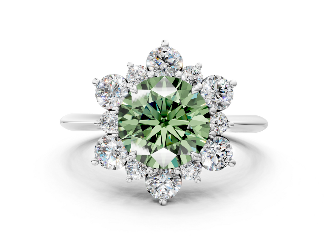White gold Fancy Green Round  Diamond Cluster Halo Ring with Solitaire Band and Four-Prong Setting_20