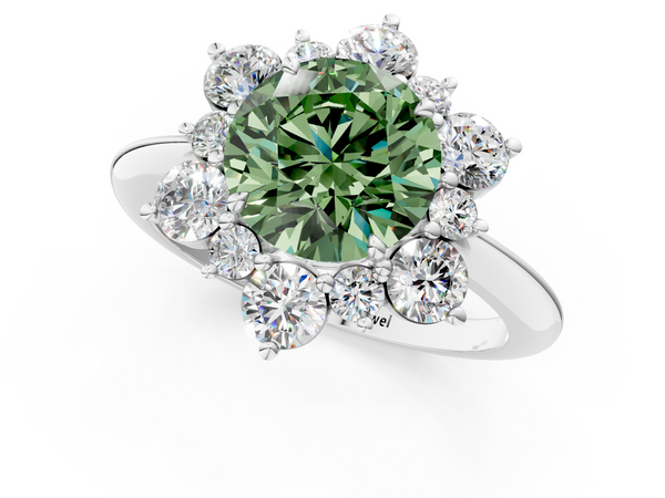 Platinum Fancy Green Round  Diamond Cluster Halo Ring with Solitaire Band and Four-Prong Setting