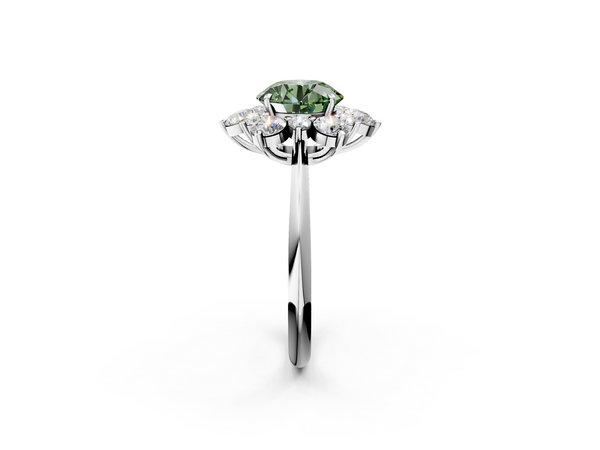 Platinum Fancy Green Round  Diamond Cluster Halo Ring with Solitaire Band and Four-Prong Setting