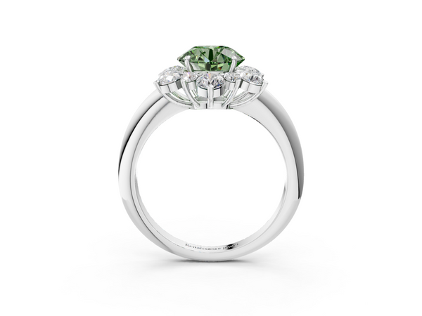 Platinum Fancy Green Round  Diamond Cluster Halo Ring with Solitaire Band and Four-Prong Setting