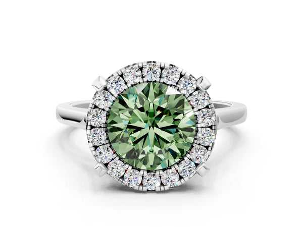 Platinum Fancy Green Round  Diamond Cluster Halo Solitaire with Four-Prong Setting