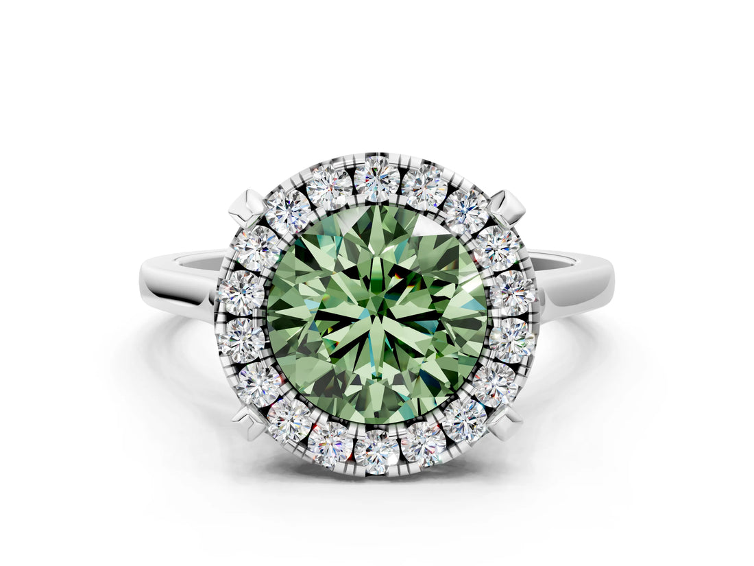 White gold Fancy Green Round  Diamond Cluster Halo Solitaire with Four-Prong Setting_106