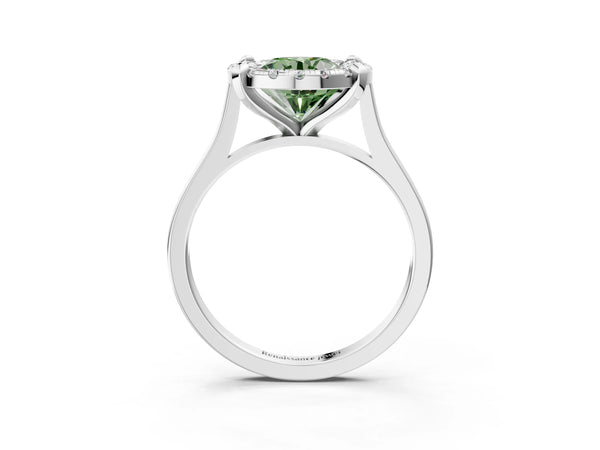 Platinum Fancy Green Round  Diamond Cluster Halo Solitaire with Four-Prong Setting