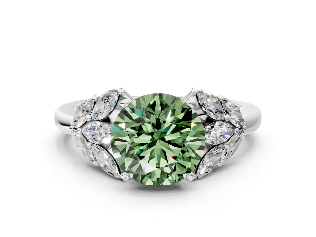White gold Fancy Green Round  Diamond Cluster Leaf Design Ring with Prong Setting_51