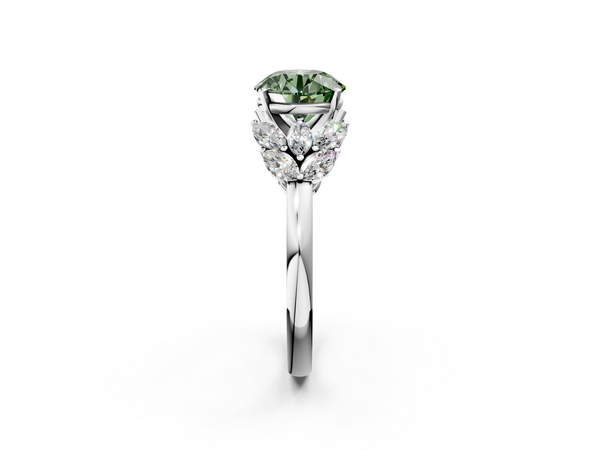 White gold Fancy Green Round  Diamond Cluster Leaf Design Ring with Prong Setting