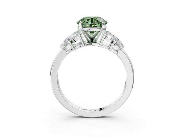 White gold Fancy Green Round  Diamond Cluster Leaf Design Ring with Prong Setting