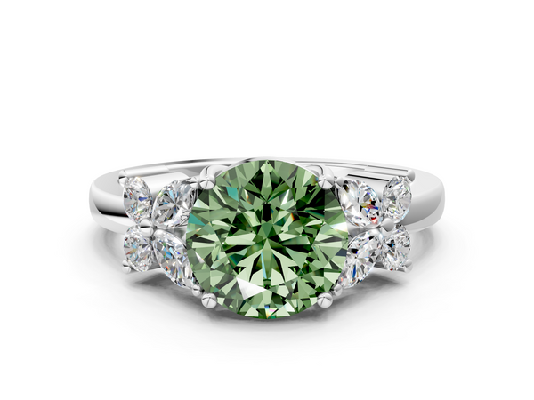 White gold Fancy Green Round  Diamond Floral Cluster Ring with Solitaire Band and Prong Setting
