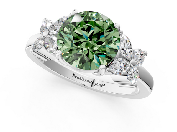 White gold Fancy Green Round  Diamond Floral Cluster Ring with Solitaire Band and Prong Setting