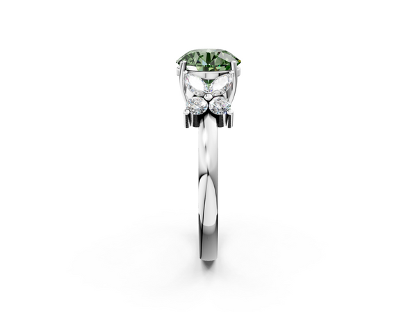 White gold Fancy Green Round  Diamond Floral Cluster Ring with Solitaire Band and Prong Setting