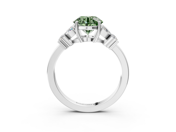 White gold Fancy Green Round  Diamond Floral Cluster Ring with Solitaire Band and Prong Setting