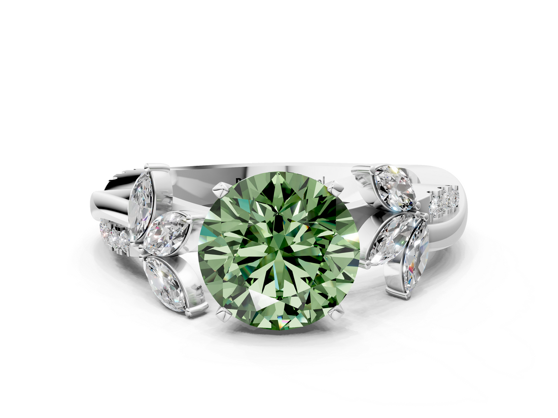 White gold Fancy Green Round  Diamond Floral Vine Solitaire Engagement Ring_3