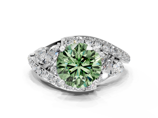 Platinum Fancy Green Round  Diamond Halo Ring with Marquise and Pavé Band in Prong Setting