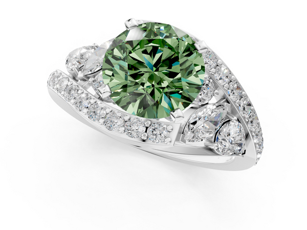 Platinum Fancy Green Round  Diamond Halo Ring with Marquise and Pavé Band in Prong Setting