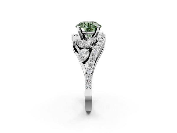 Platinum Fancy Green Round  Diamond Halo Ring with Marquise and Pavé Band in Prong Setting
