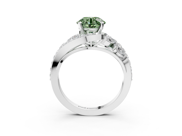 Platinum Fancy Green Round  Diamond Halo Ring with Marquise and Pavé Band in Prong Setting
