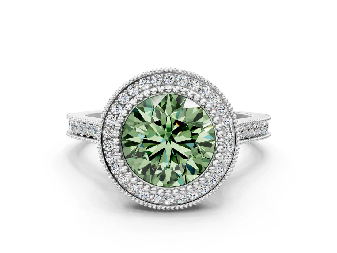 White gold Fancy Green Round  Diamond Halo Ring with Milgrain Frame and Pavé Band_72