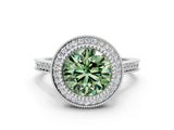 White gold Fancy Green Round  Diamond Halo Ring with Milgrain Frame and Pavé Band_72