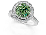 White gold Fancy Green Round  Diamond Halo Ring with Milgrain Frame and Pavé Band_73