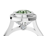 White gold Fancy Green Round  Diamond Halo Ring with Milgrain Frame and Pavé Band_76