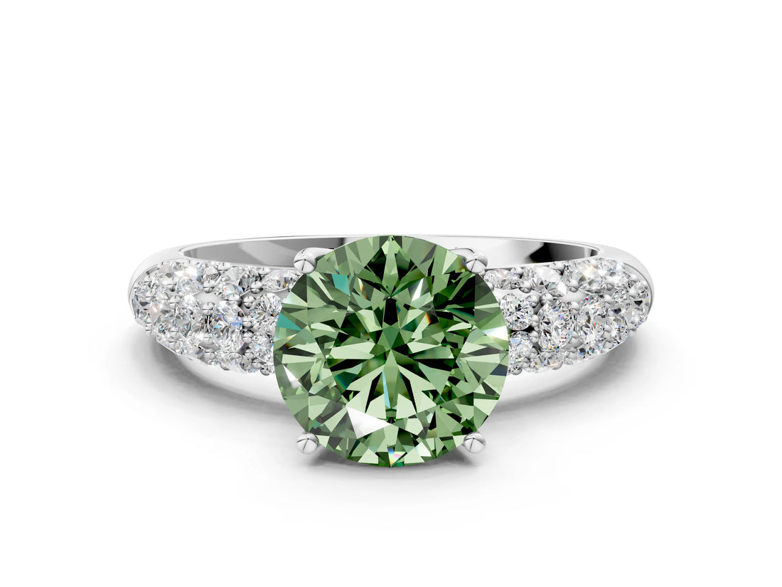 White gold Fancy Green Round  Diamond Pavé Band Solitaire Ring with Four-Prong Setting_49