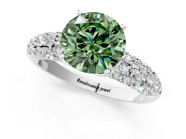 White gold Fancy Green Round  Diamond Pavé Band Solitaire Ring with Four-Prong Setting