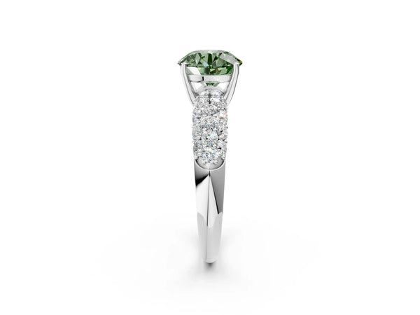 White gold Fancy Green Round  Diamond Pavé Band Solitaire Ring with Four-Prong Setting