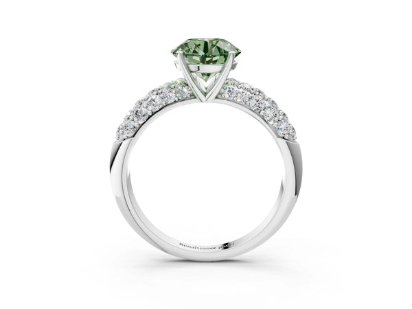 White gold Fancy Green Round  Diamond Pavé Band Solitaire Ring with Four-Prong Setting