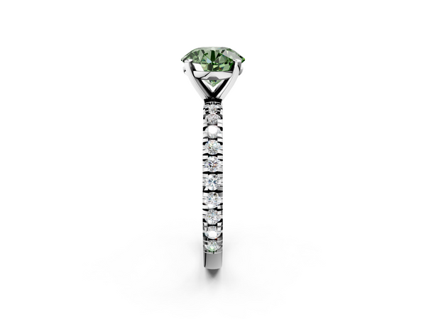 White gold Fancy Green Round  Diamond Pavé Band Solitaire with Four-Prong Setting