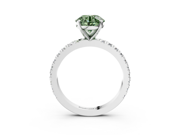 White gold Fancy Green Round  Diamond Pavé Band Solitaire with Four-Prong Setting