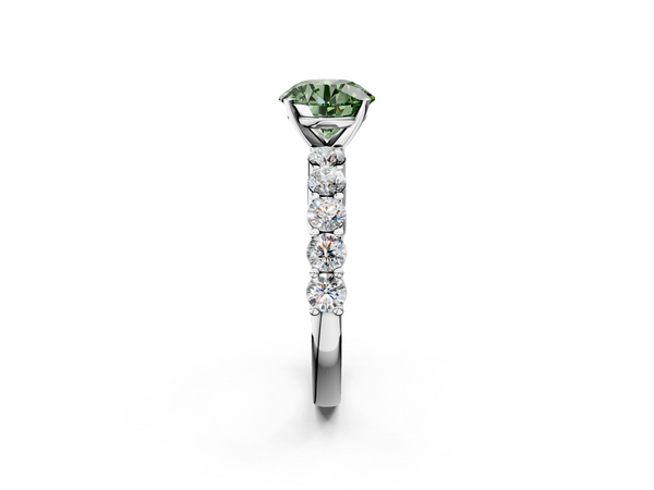 Platinum Fancy Green Round  Diamond Solitaire Ring with Shared Prong Round Side Stones