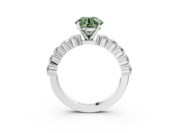 Platinum Fancy Green Round  Diamond Solitaire Ring with Shared Prong Round Side Stones