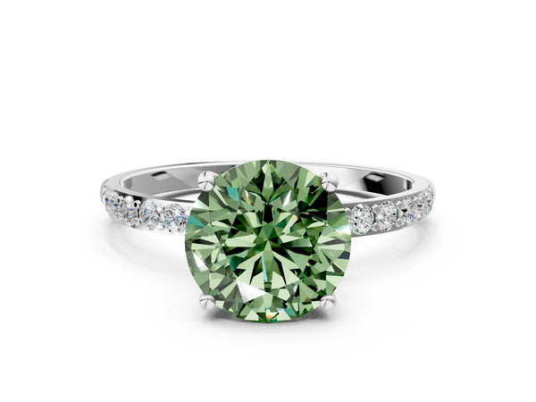 White gold Fancy Green Round  Diamond Pavé Band with Six-Prong Setting