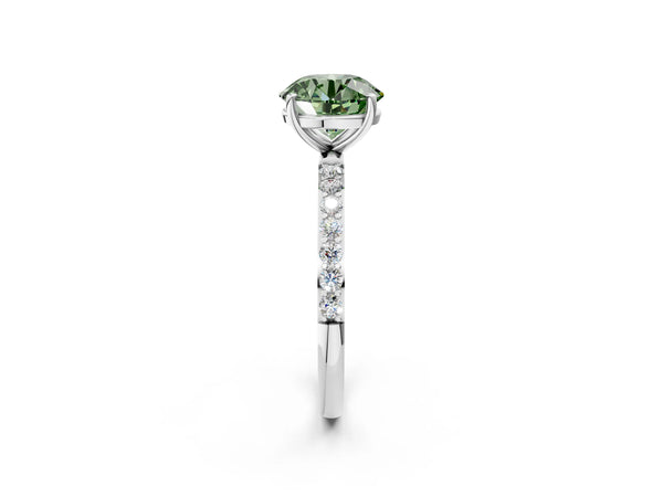 White gold Fancy Green Round  Diamond Pavé Band with Six-Prong Setting