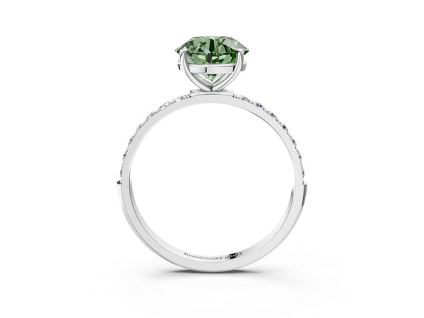 White gold Fancy Green Round  Diamond Pavé Band with Six-Prong Setting
