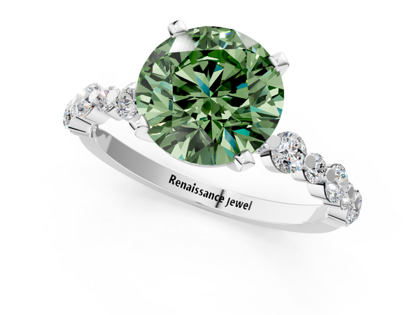 Platinum Fancy Green Round Cut Diamond Prong Set Engagement Ring with Pavé Band