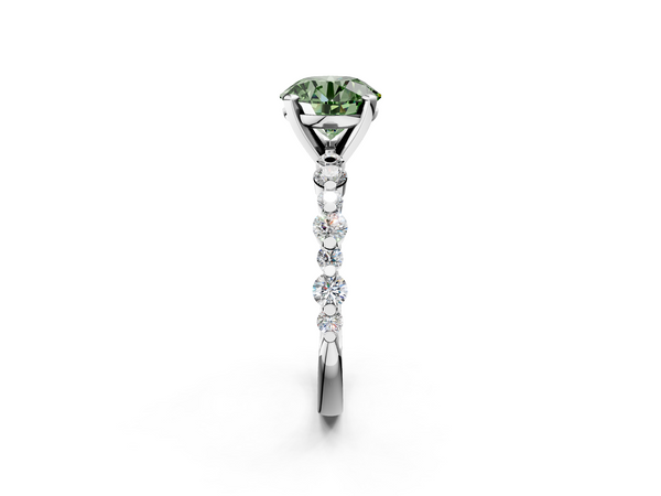 Platinum Fancy Green Round Cut Diamond Prong Set Engagement Ring with Pavé Band