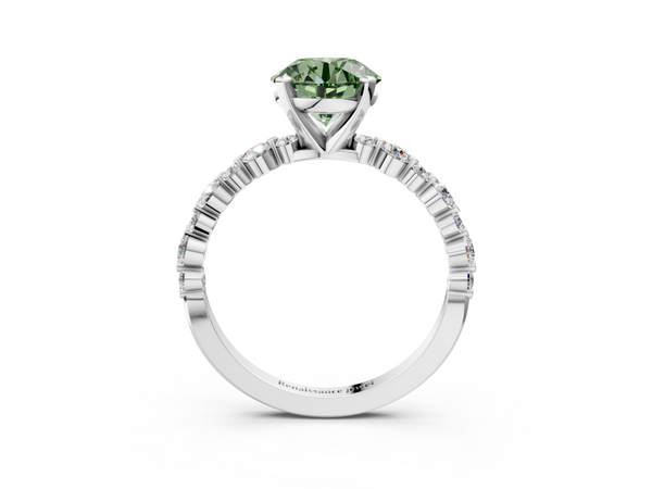 Platinum Fancy Green Round Cut Diamond Prong Set Engagement Ring with Pavé Band
