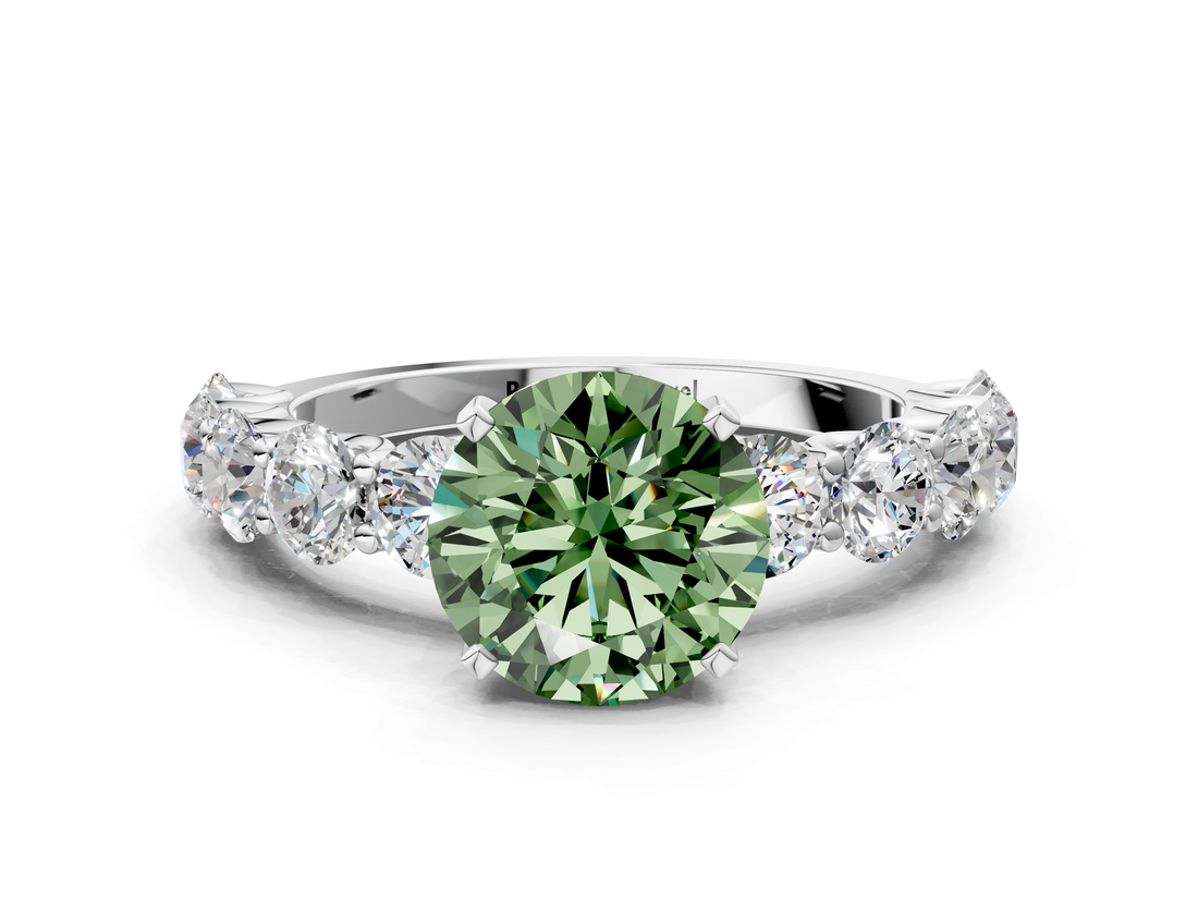 White gold Fancy Green Round  Diamond Prong Setting with Side Stones on a Pave Band_126