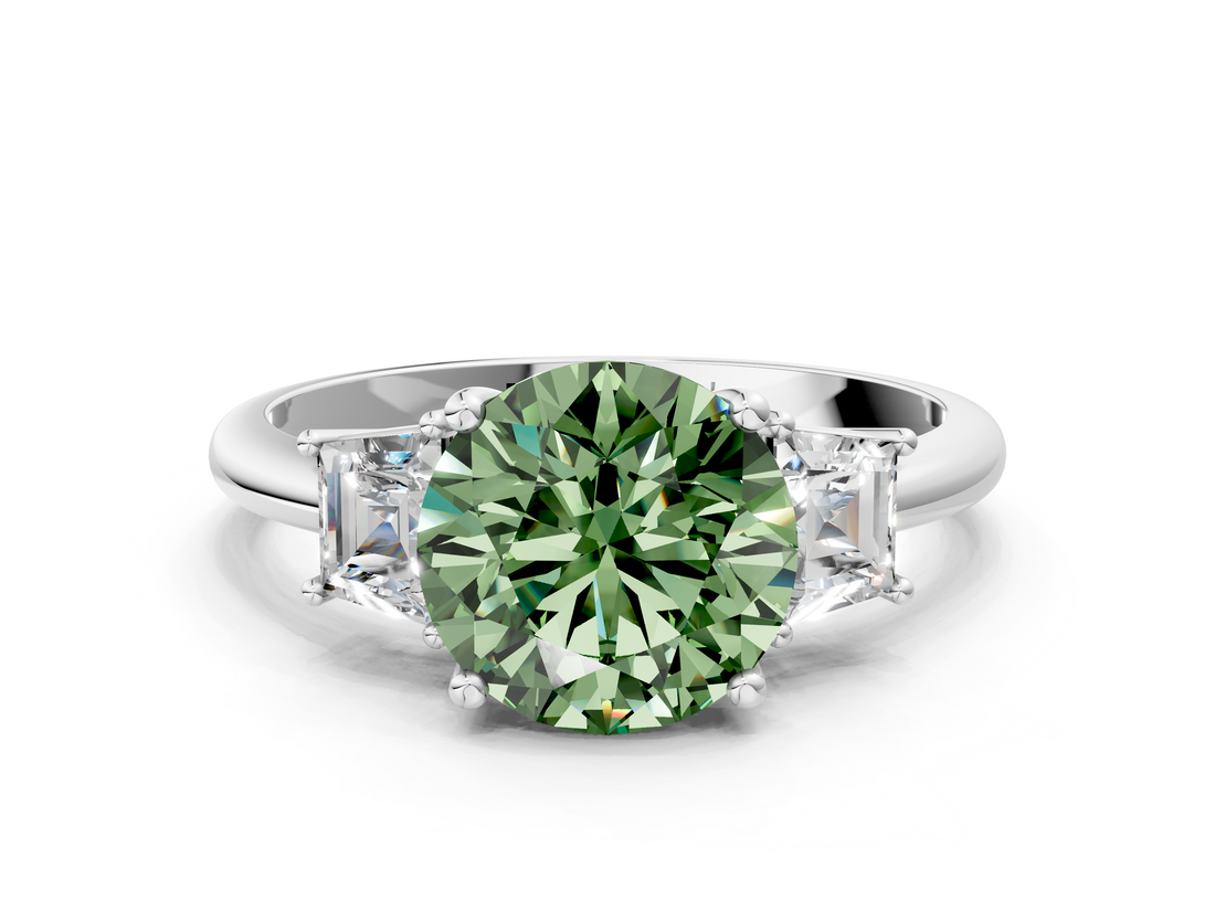 White gold Fancy Green Round  Diamond Three-Stone Ring with Trapezoid Side Stones and Prong Setting_17